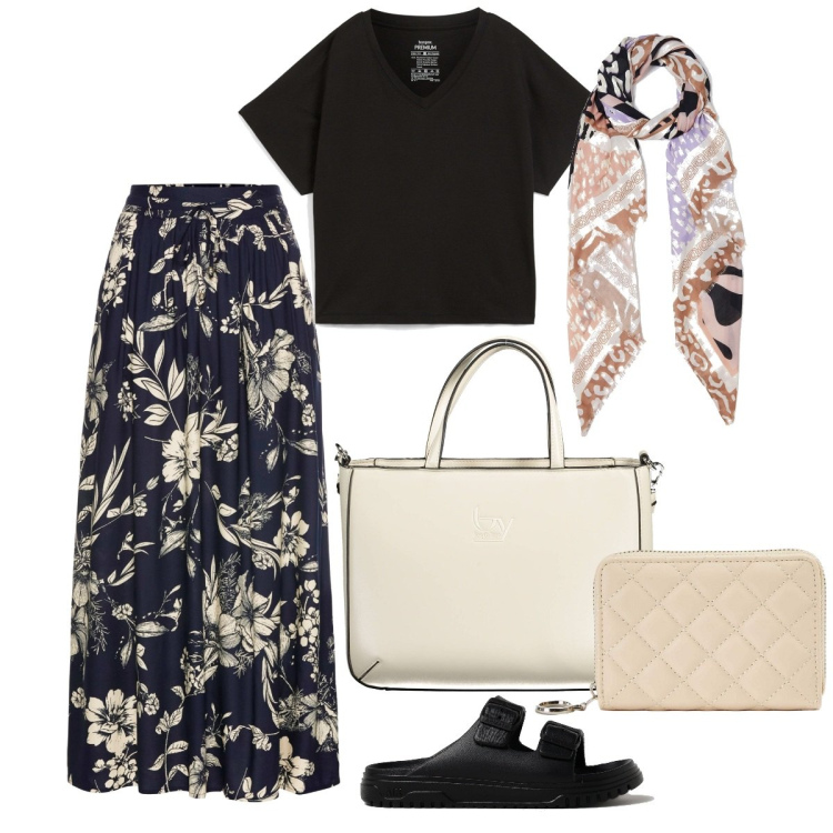 Outfit donna - Tutti i giorni - curvy e plus size. Stile Casual chic per Tutti i giorni. Abbinamento con gonne lunghe, t-shirt, portafogli, stole, sandali, borse a spalla.