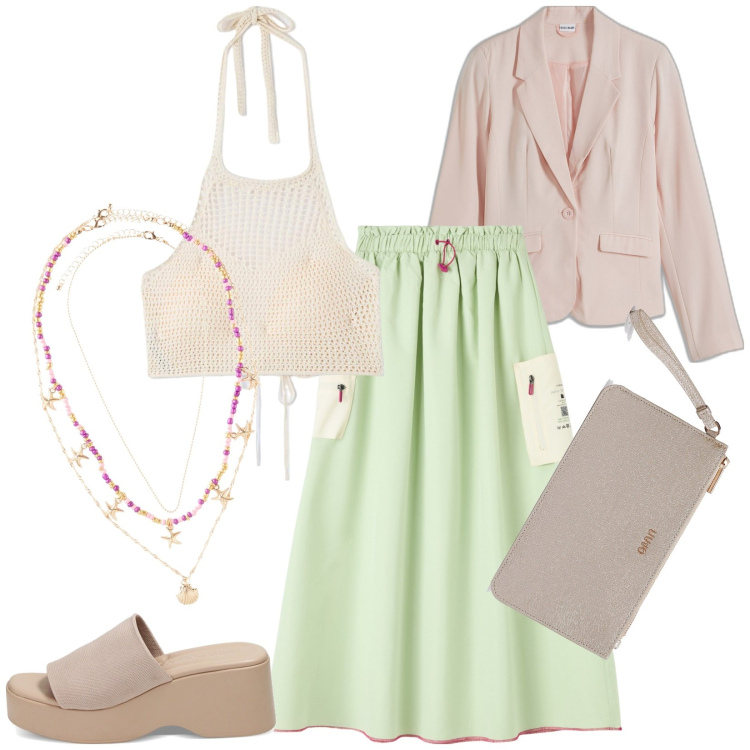 Outfit donna - Sommer outfit. Stile Casual chic per Tutti i giorni. look ideale per Tall. Abbinamento con blazer, ciondoli, gonne lunghe, top, zeppe, pochette.