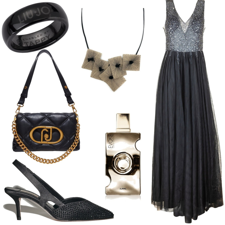 Outfit donna - Serata. Stile Chic per Serata fuori. Abbinamento con ciondoli, profumi, vestiti lunghi, borse a spalla, scarpe col tacco, anelli.