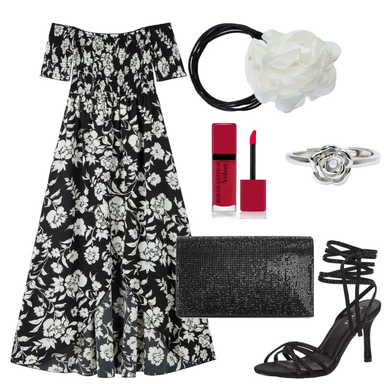 Outfit donna - Rose Summer Vibes. Stile Chic per Serata fuori. Abbinamento con rossetti, vestiti lunghi, sandali alla schiava, anelli, pochette, collane.