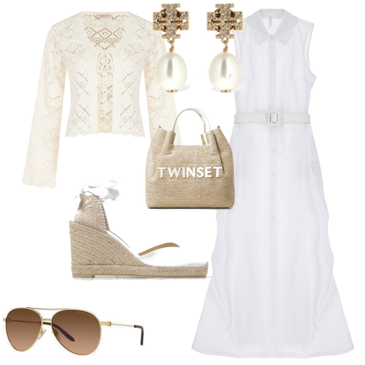 Outfit donna - Minimal con lo chemisier bianco. Stile Minimal per Mare. Abbinamento con cardigans, vestiti lunghi, occhiali da sole, espadrillas, borse a mano, orecchini.