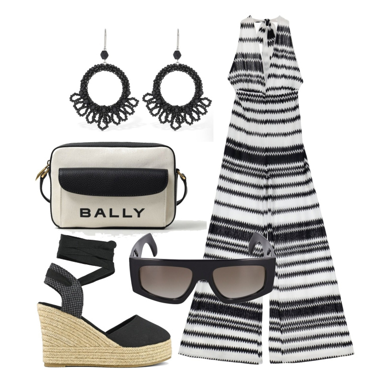 Outfit donna - Ghost outfitter - maggio. Stile Trendy per Tutti i giorni. Abbinamento con tute, espadrillas, orecchini, occhiali da sole, borse a tracolla.