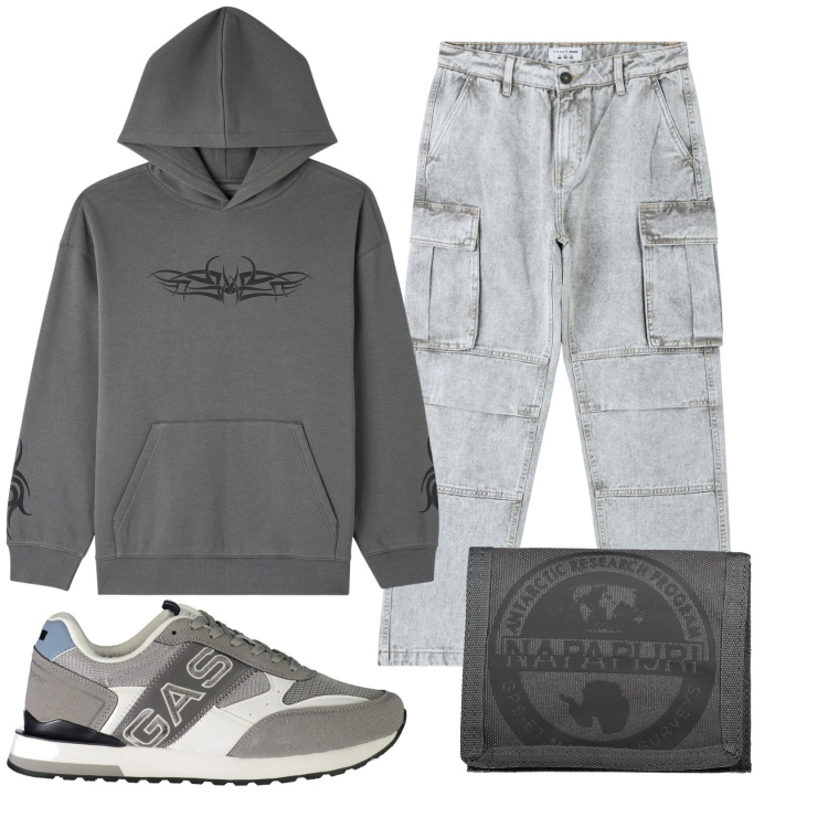 Outfit uomo - Total look #1884067. Stile Casual per Tutti i giorni. Abbinamento con jeans, felpe con cappuccio, portafogli, sneakers.