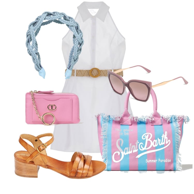 Outfit donna - Sea escape 2. Stile Basic per Mare. Abbinamento con vestiti corti, fasce per capelli, sandali in pelle, borse tote, occhiali da sole, portafogli.