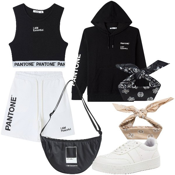 Outfit donna - Total look #1884116. Stile Basic per Tutti i giorni. Abbinamento con marsupi, bermuda, sneakers, fasce per capelli, felpe con cappuccio, top.
