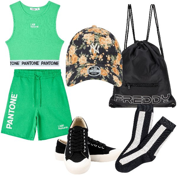 Outfit donna - Total look #1884122. Stile Basic per Tutti i giorni. Abbinamento con bermuda, top, zaini, sneakers, cappelli, collant.