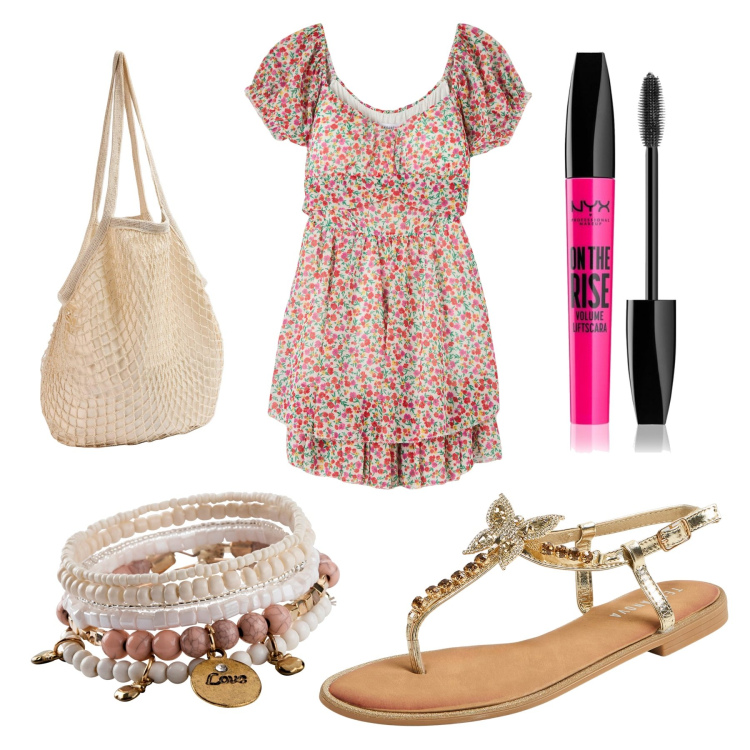 Outfit donna - Elegante anche con il caldo. Stile Romantica per Tutti i giorni. Abbinamento con braccialetti, mascara, borse a spalla, vestiti, sandali gioiello.