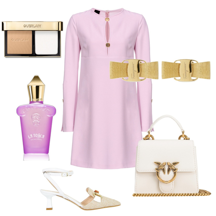 Outfit donna - Teatro d\'estate. Stile Chic per Serata fuori. Abbinamento con fondotinta, profumi, vestiti corti, borse a tracolla, sandali col tacco, orecchini.