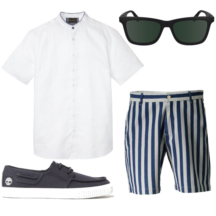 Outfit uomo - Lino e collo a coreana con dettaglio blu. Stile Trendy per Tutti i giorni. Abbinamento con camicie a manica corta, scarpe stringate, bermuda, occhiali da sole.