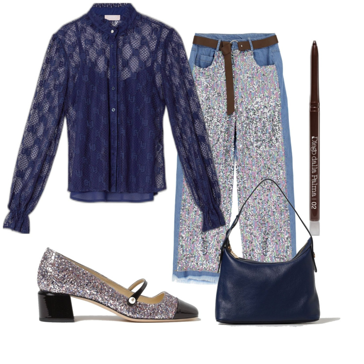 Outfit donna - Total look #1884172. Stile Glamour per Serata fuori. Abbinamento con eyeliner, jeans dritti, camicie, scarpe col tacco, borse a spalla.