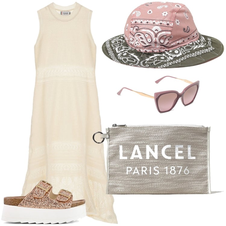 Outfit donna - Paris. Stile Casual per Tutti i giorni. Abbinamento con vestiti lunghi, zeppe, occhiali da sole, cappelli, clutch.