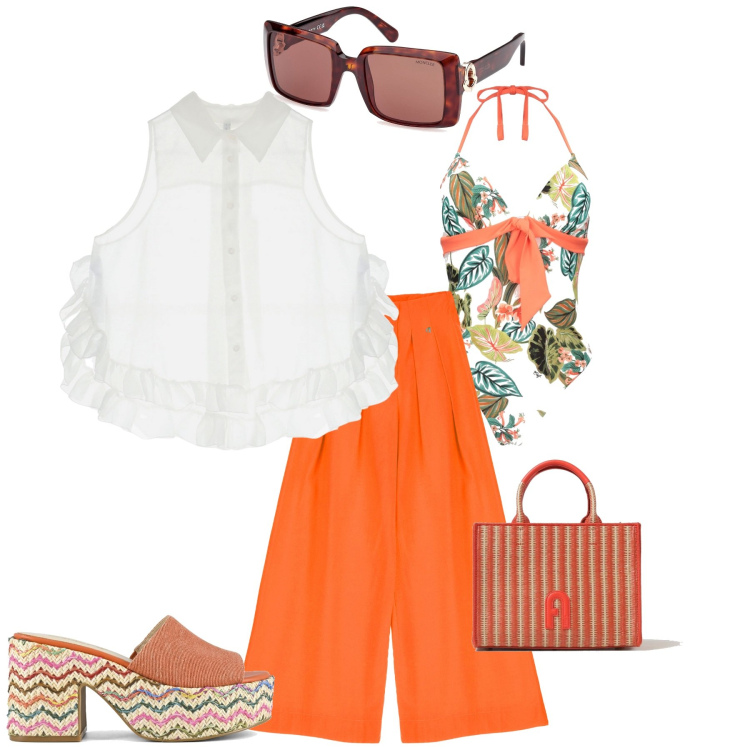 Outfit donna - Chic camicia trasparente per il mare. Stile Chic per Mare. Abbinamento con camicie, pantaloni a palazzo, sandali, costumi interi, borse tote, occhiali da sole.