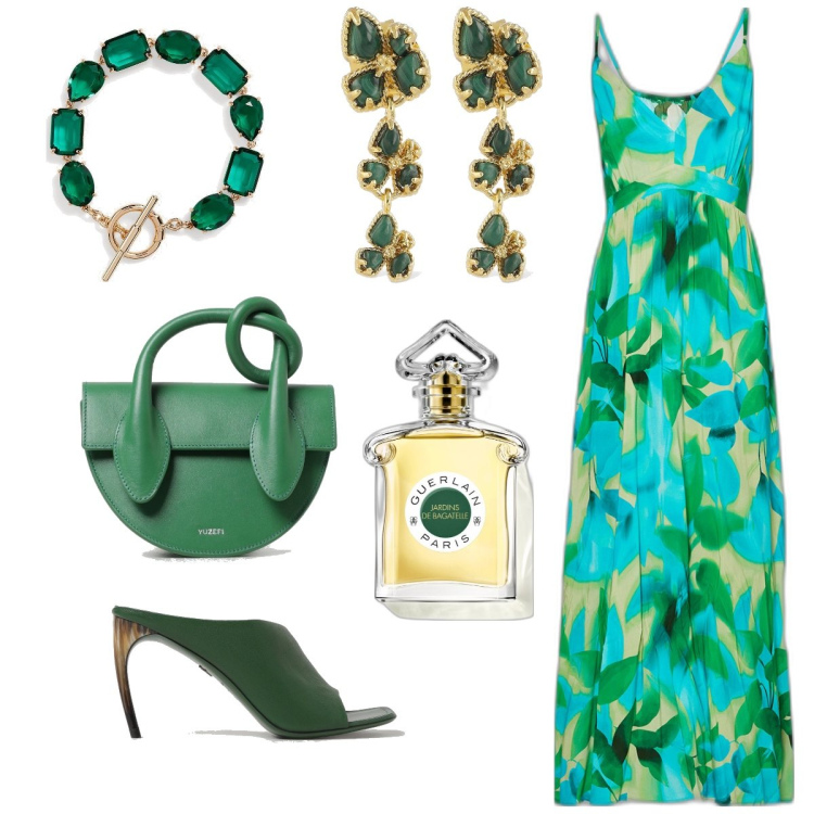 Outfit donna - Total look #1884200. Stile Chic per Serata fuori. Abbinamento con profumi, braccialetti, vestiti, orecchini, scarpe col tacco, borse a mano.