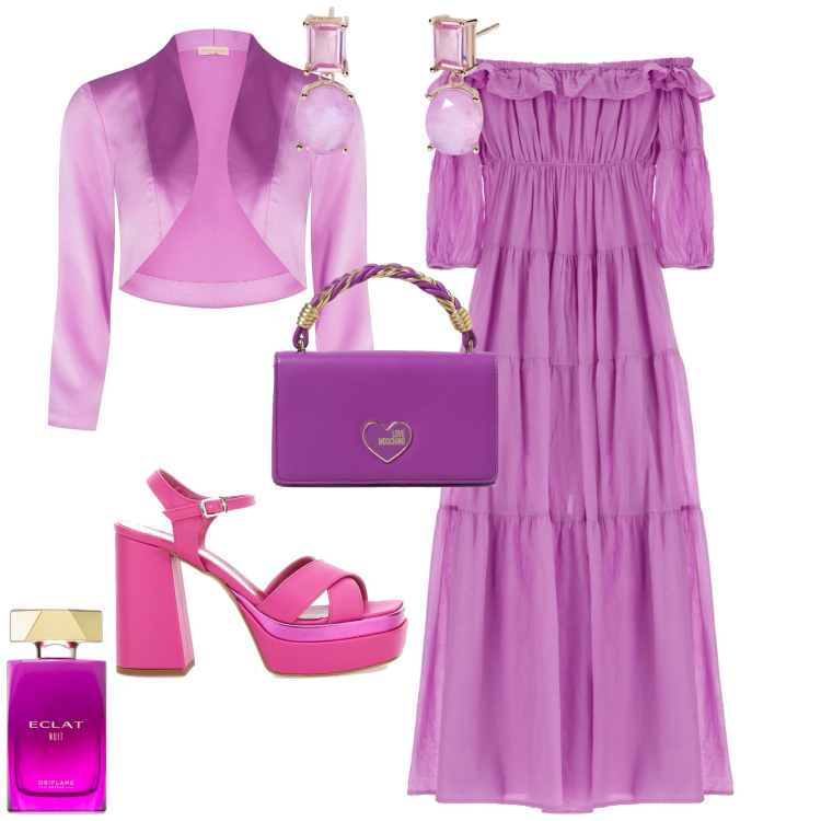 Outfit donna - Romantica serata evento al mare. Stile Romantica per Mare. Abbinamento con profumi, orecchini, blazer, vestiti lunghi, sandali col tacco, borse a tracolla.