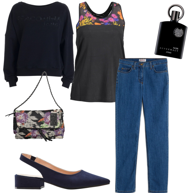 Outfit donna - Aperitivo con amici. Stile Urban per Tutti i giorni. Abbinamento con jeans dritti, décolleté, profumi, felpe, canottiere, borse a mano.