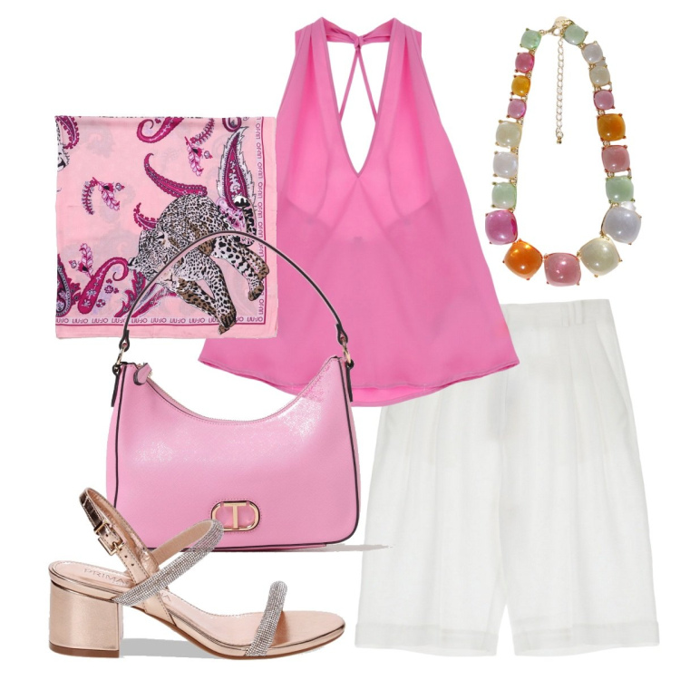 Outfit donna - Vibrante. Stile Casual chic per Tutti i giorni. Abbinamento con top, bermuda, collane, sandali gioiello, sciarpe, borse a spalla.