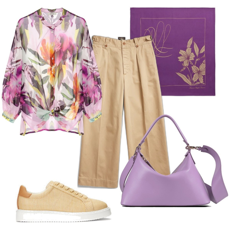 Outfit donna - Total look #1884236. Stile Sporty chic per Ufficio. Abbinamento con pantaloni, sneakers, foulard, bluse, borse a mano.