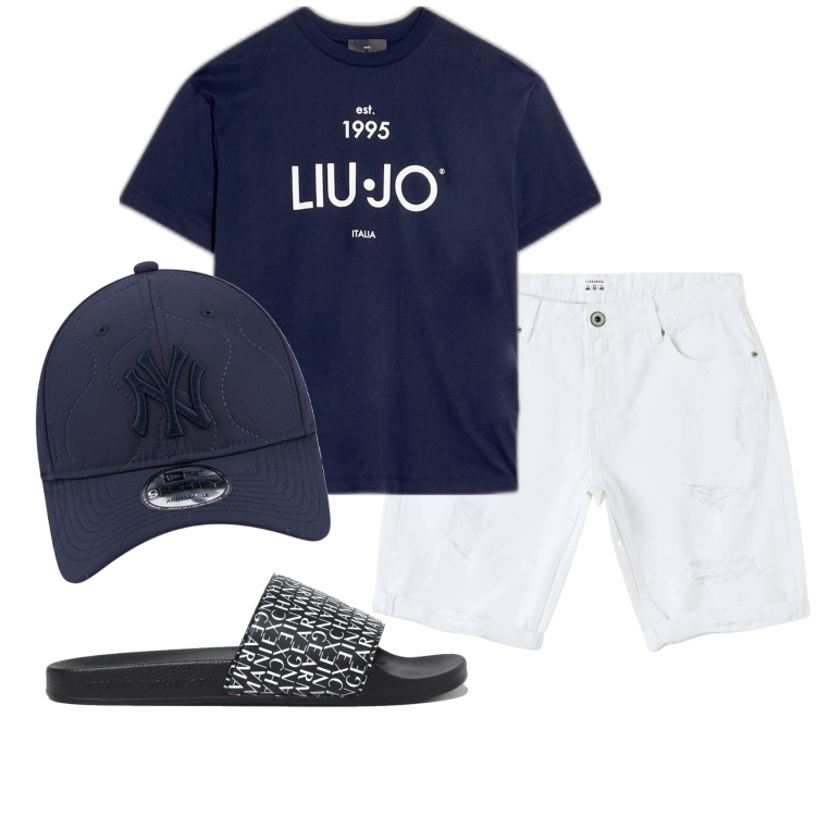 Outfit uomo - Total look #1884237. Stile Casual per Mare. Abbinamento con bermuda, cappelli con visiera, t-shirt, sandali.