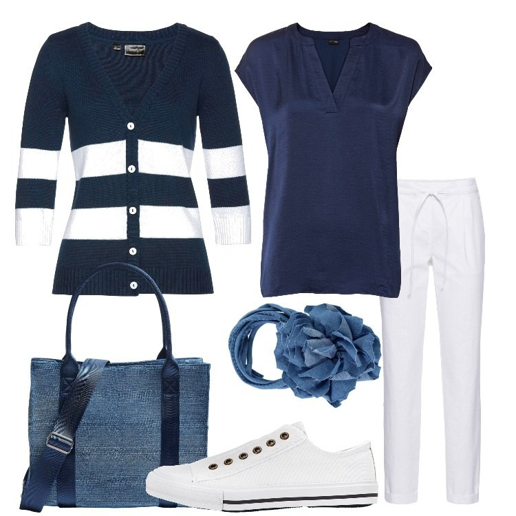 Outfit donna - Casual ma elegante Focus Donna Curvy. Stile Casual per Tutti i giorni. Abbinamento con pantaloni, cardigans, sneakers, camicie, shopping bag, collane.