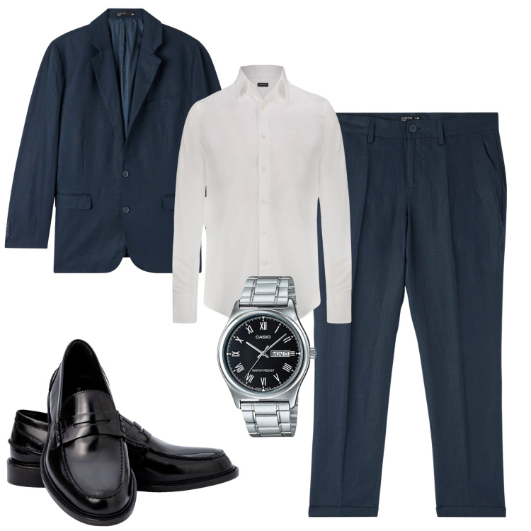 Outfit uomo - Ufficio. Stile Business/Elegante per Ufficio. Abbinamento con orologi, giacche, pantaloni chino, scarpe stringate, camicie.