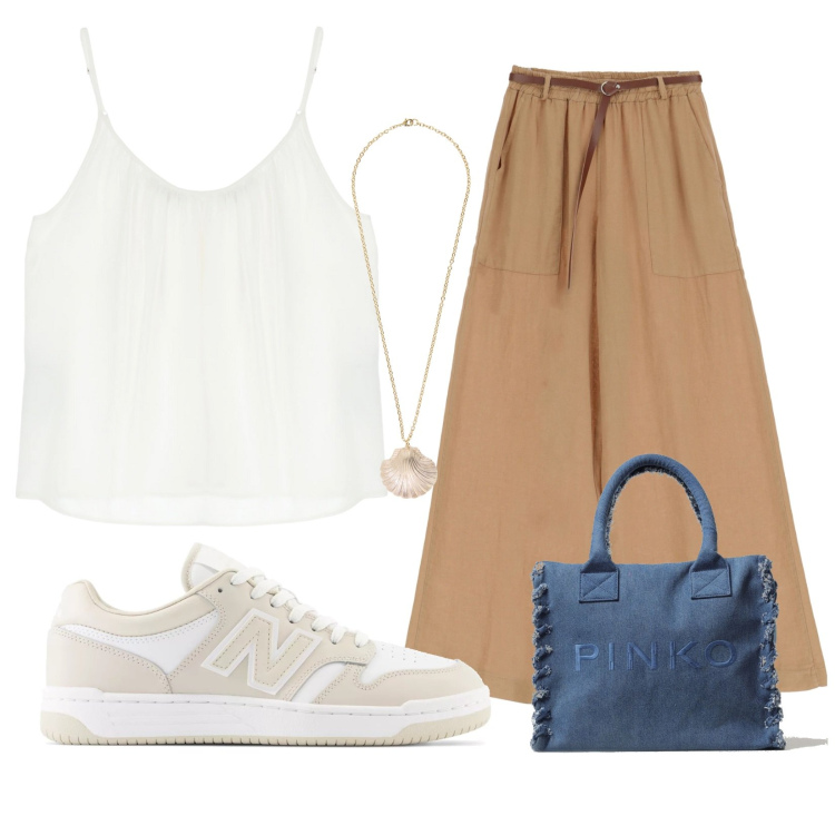Outfit donna - Estate. Stile Casual per Scuola/Università. look ideale per Tall. Abbinamento con pantaloni a palazzo, top, sneakers, collane, borse tote.