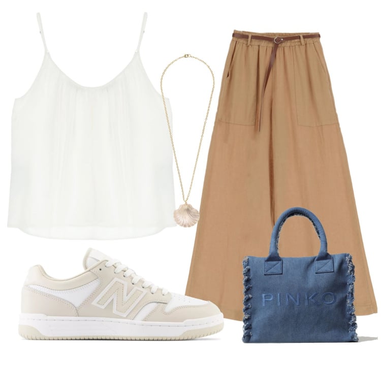 Outfit donna - Estate. Stile Casual per Scuola/Università. look ideale per Tall. Abbinamento con pantaloni a palazzo, top, sneakers, collane, borse tote.