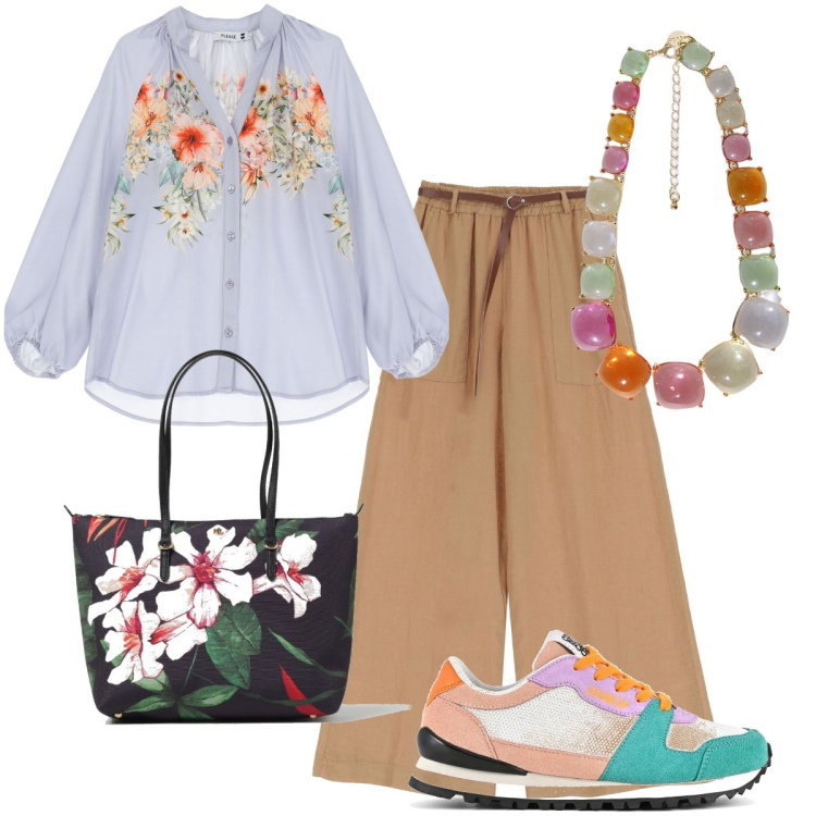 Outfit donna - Fiori e colori. Stile Casual per Tutti i giorni. Abbinamento con bluse, pantaloni a palazzo, collane, scarpe sportive, borse tote.