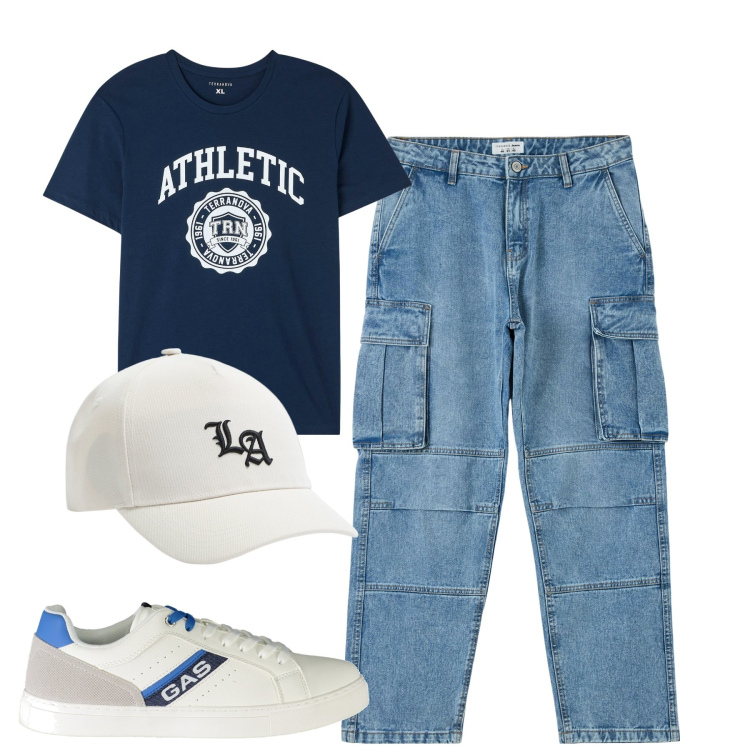 Outfit uomo - Total look #1884316. Stile Casual per Tutti i giorni. Abbinamento con t-shirt, cappelli, jeans, sneakers.