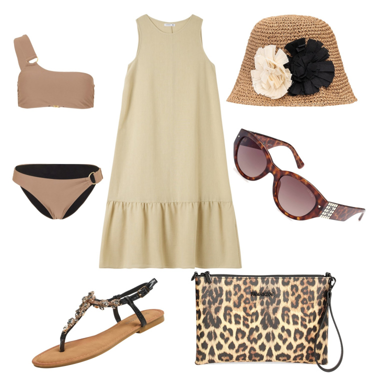 Outfit donna - Valigia e weekend al mare. Stile Trendy per Mare. Abbinamento con bikini, vestiti lunghi, sandali gioiello, valigie, occhiali da sole, cappelli.