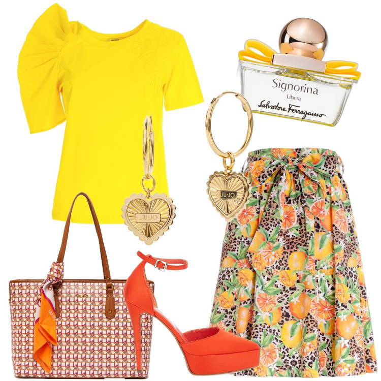 Outfit donna - Sommer outfit. Stile Chic per Serata fuori. look ideale per Petite. Abbinamento con profumi, t-shirt, gonne longuette, décolleté, orecchini, shopping bag.