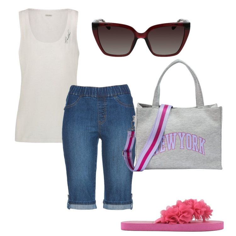 Outfit donna - Le bermuda in jeans. Stile Basic per Tutti i giorni. Abbinamento con bermuda, shopping bag, infradito, canottiere, occhiali da sole.