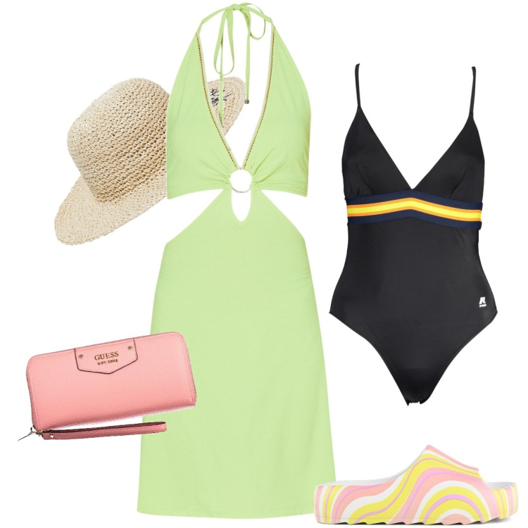 Outfit donna - Pensando all’estate. Stile Casual chic per Mare. Abbinamento con ciabatte, costumi interi, vestiti corti, portafogli, cappelli.