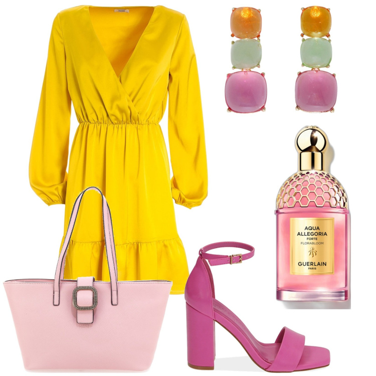 Outfit donna - Contrasti estivi. Stile Romantica per Tutti i giorni. Abbinamento con profumi, vestiti, sandali col tacco, orecchini, borse a spalla.