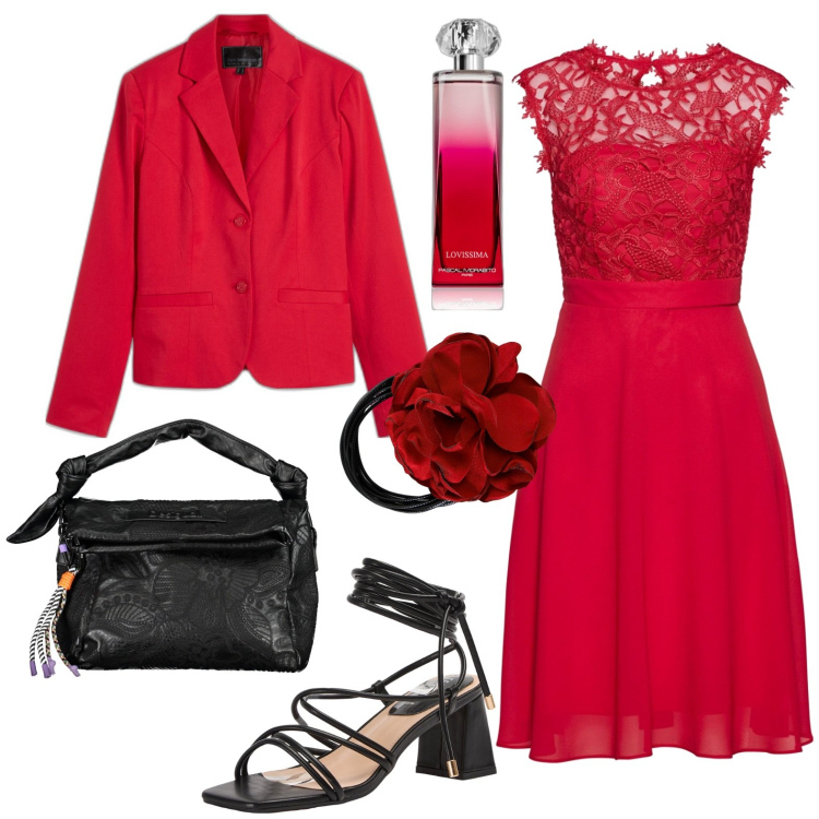 Outfit donna - Invito a festa. Stile Chic per Cerimonia. Abbinamento con vestiti, blazer, profumi, sandali alla schiava, collane, borse a spalla.