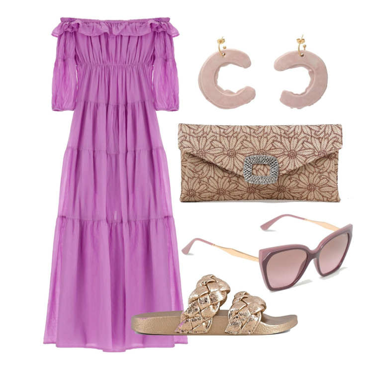 Outfit donna - Ghost outfitter - maggio. Stile Trendy per Tutti i giorni. Abbinamento con orecchini, vestiti lunghi, ciabatte, occhiali da sole, borse a tracolla.