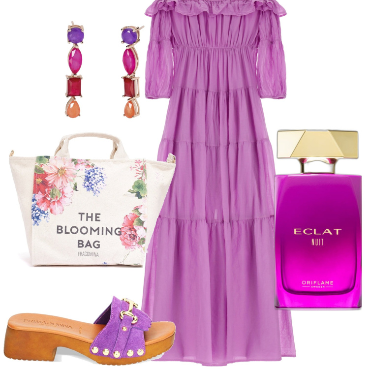 Outfit donna - Con lo zoccolo. Stile Boho per Tutti i giorni. Abbinamento con profumi, orecchini, borse tote, zoccoli, vestiti lunghi.