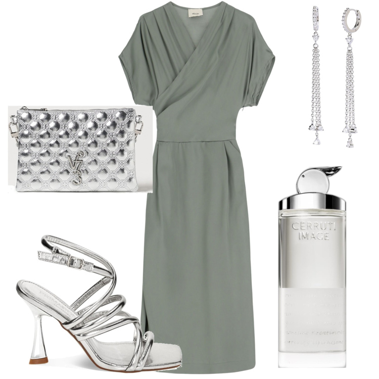 Outfit donna - Serata speciale. Stile Chic per Serata fuori. Abbinamento con profumi, orecchini, sandali col tacco, vestiti midi/longuette, borse a tracolla.