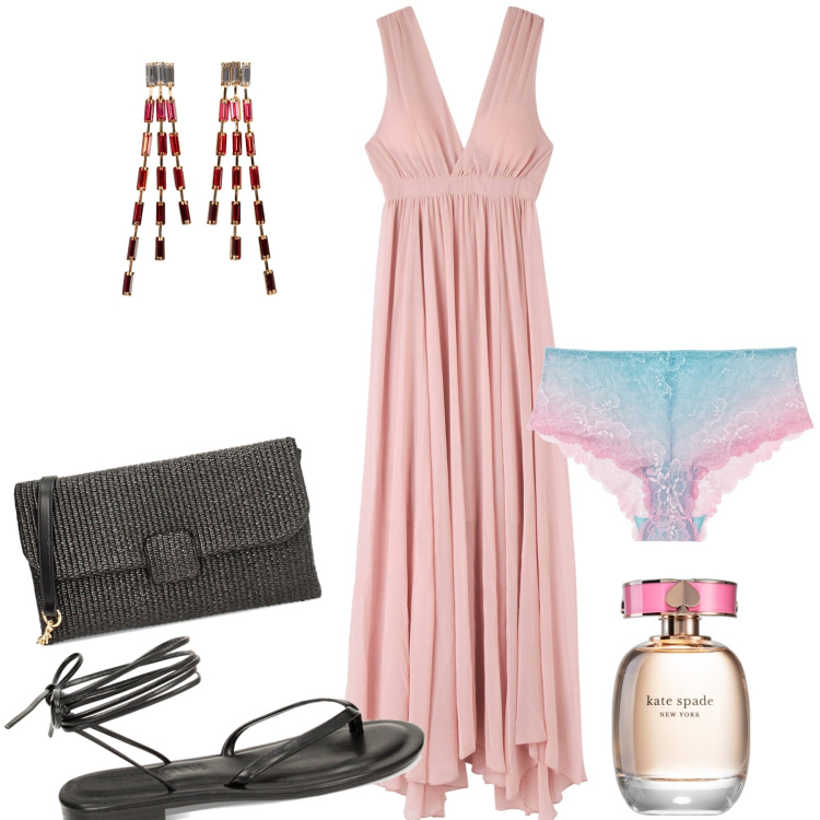 Outfit donna - La mia idea di sera al mare. Stile Glamour per Serata fuori. Abbinamento con orecchini, culotte, profumi, vestiti lunghi, sandali, pochette.