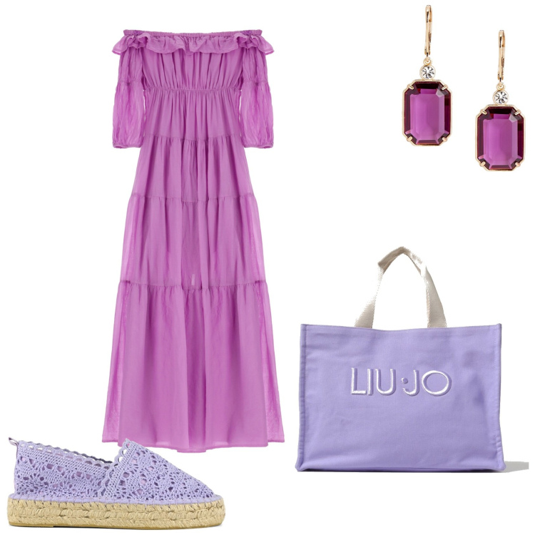 Outfit donna - Il viola profumato. Stile Casual per Tutti i giorni. Abbinamento con vestiti lunghi, orecchini, espadrillas, borse tote.