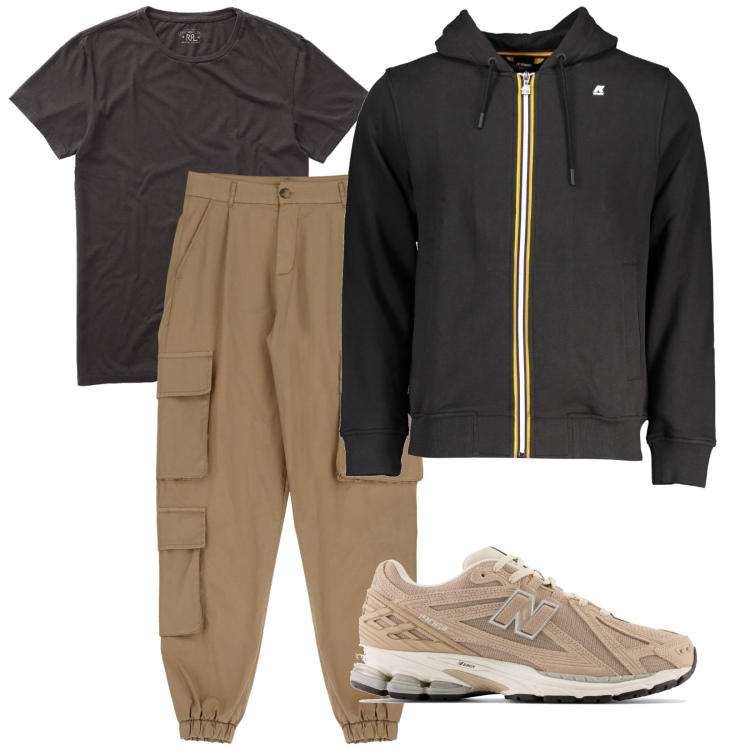 Outfit uomo - Total look #1884464. Stile Urban per Tutti i giorni. Abbinamento con sneakers, pantaloni cargo, t-shirt, felpe con cappuccio.