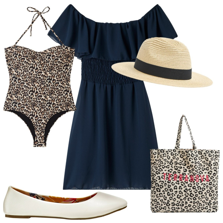 Outfit donna - Total look #1884472. Stile Trendy per Mare. Abbinamento con ballerine, costumi interi, cappelli, vestiti corti, shopping bag.