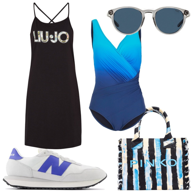 Outfit donna - Total look #1884478. Stile Basic per Mare. Abbinamento con costumi interi, shopping bag, sneakers, occhiali da sole, vestiti corti.