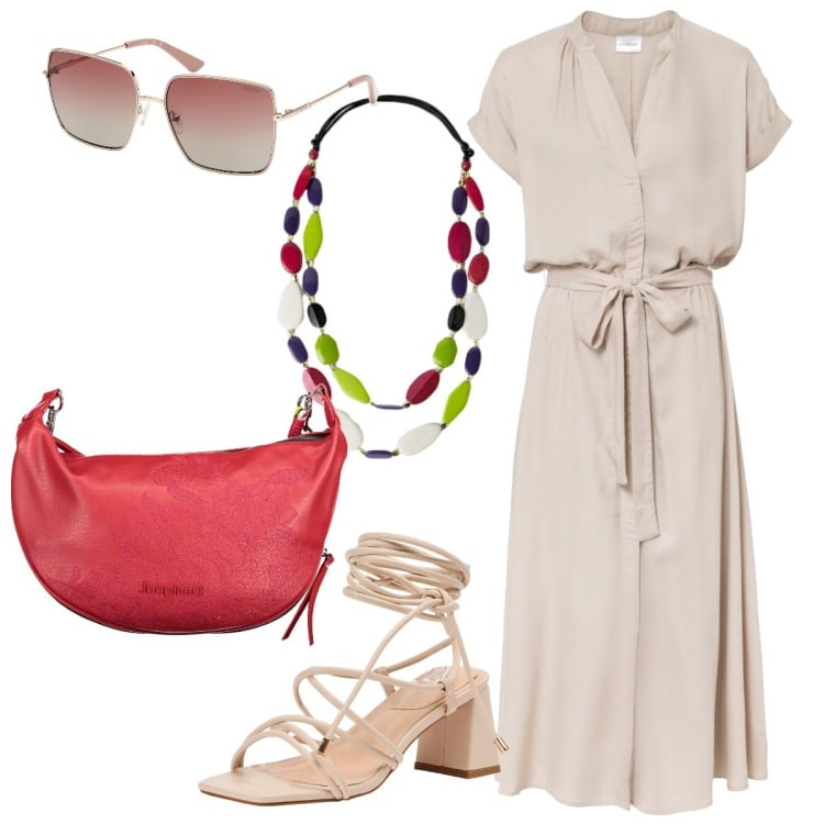 Outfit donna - Abito chemisier. Stile Trendy Abbinamento con vestiti chemisier, sandali alla schiava, borse a spalla, occhiali da sole, collane.