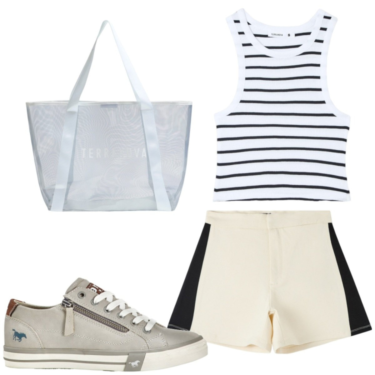 Outfit donna - Total look #1884494. Stile Trendy per Tutti i giorni. Abbinamento con sneakers, shorts, shopping bag, canottiere.