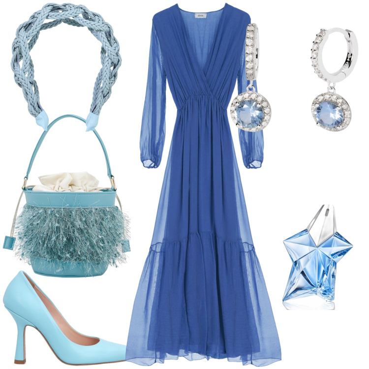 Outfit donna - Testimone di nozze. Stile Bon Ton per Cerimonia. Abbinamento con profumi, orecchini, vestiti lunghi, fasce per capelli, borse a secchiello, décolleté.