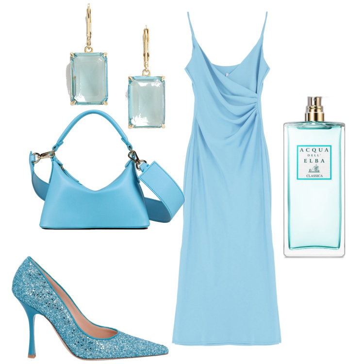 Outfit donna - Midí in azzurro. Stile Chic per Serata fuori. Abbinamento con profumi, vestiti midi/longuette, orecchini, borse a mano, décolleté.