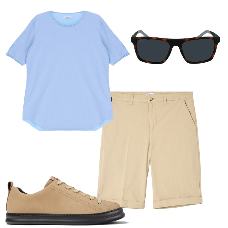 Outfit uomo - City. Stile Casual per Tutti i giorni. Abbinamento con bermuda, t-shirt, occhiali da sole, sneakers.