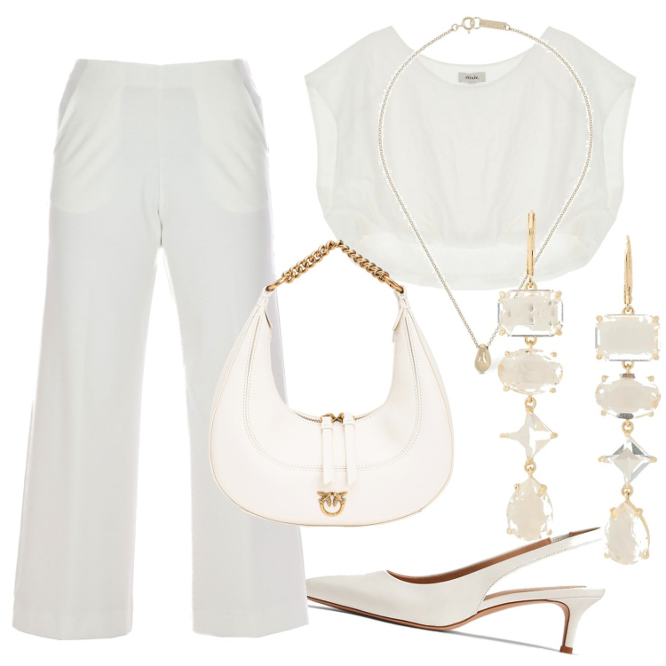 Outfit donna - Eterea in bianco. Stile Bon Ton per Tutti i giorni. look ideale per Petite. Abbinamento con borse a spalla, décolleté, orecchini, canottiere, pantaloni, collane.