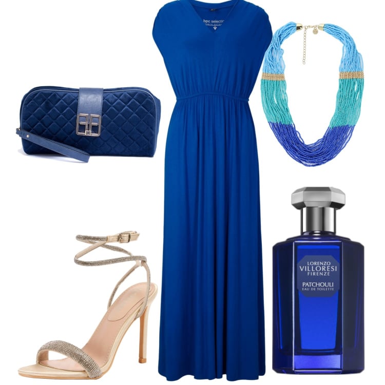 Outfit donna - Serata. Stile Chic per Serata fuori. Abbinamento con vestiti lunghi, profumi, sandali col tacco, pochette, collane.