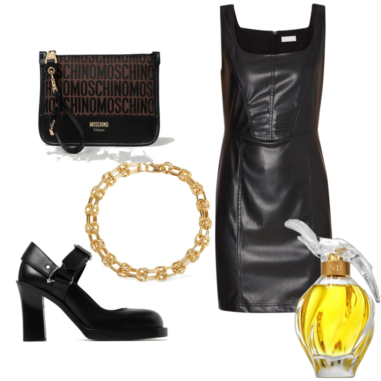 Outfit donna - Il tubino di pelle. Stile Rock per Serata fuori. Abbinamento con profumi, vestiti corti, collane, scarpe col tacco, clutch.